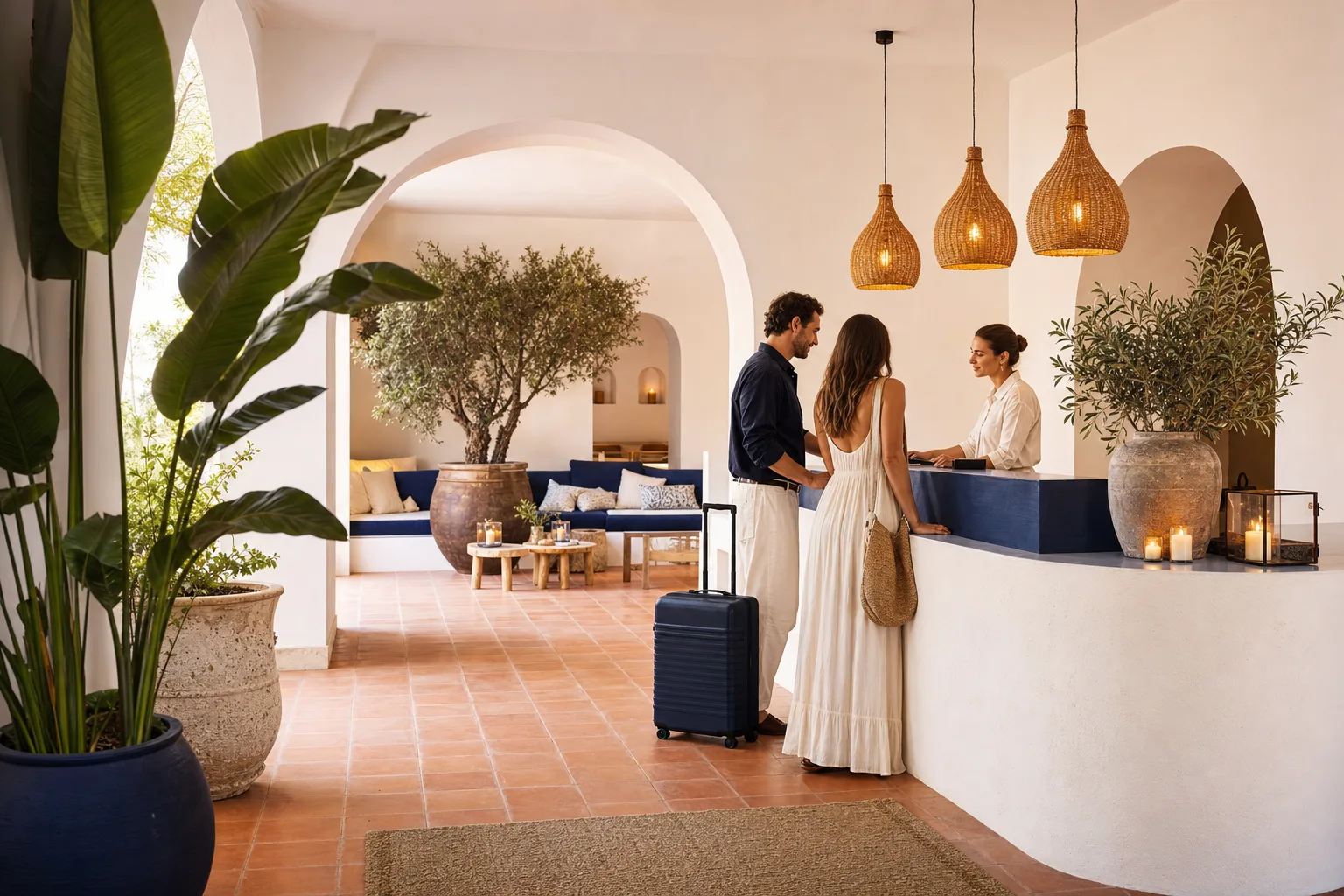 Boutique hotel lobby in Bodrum Turkey — whitewashed arched walls, navy accents