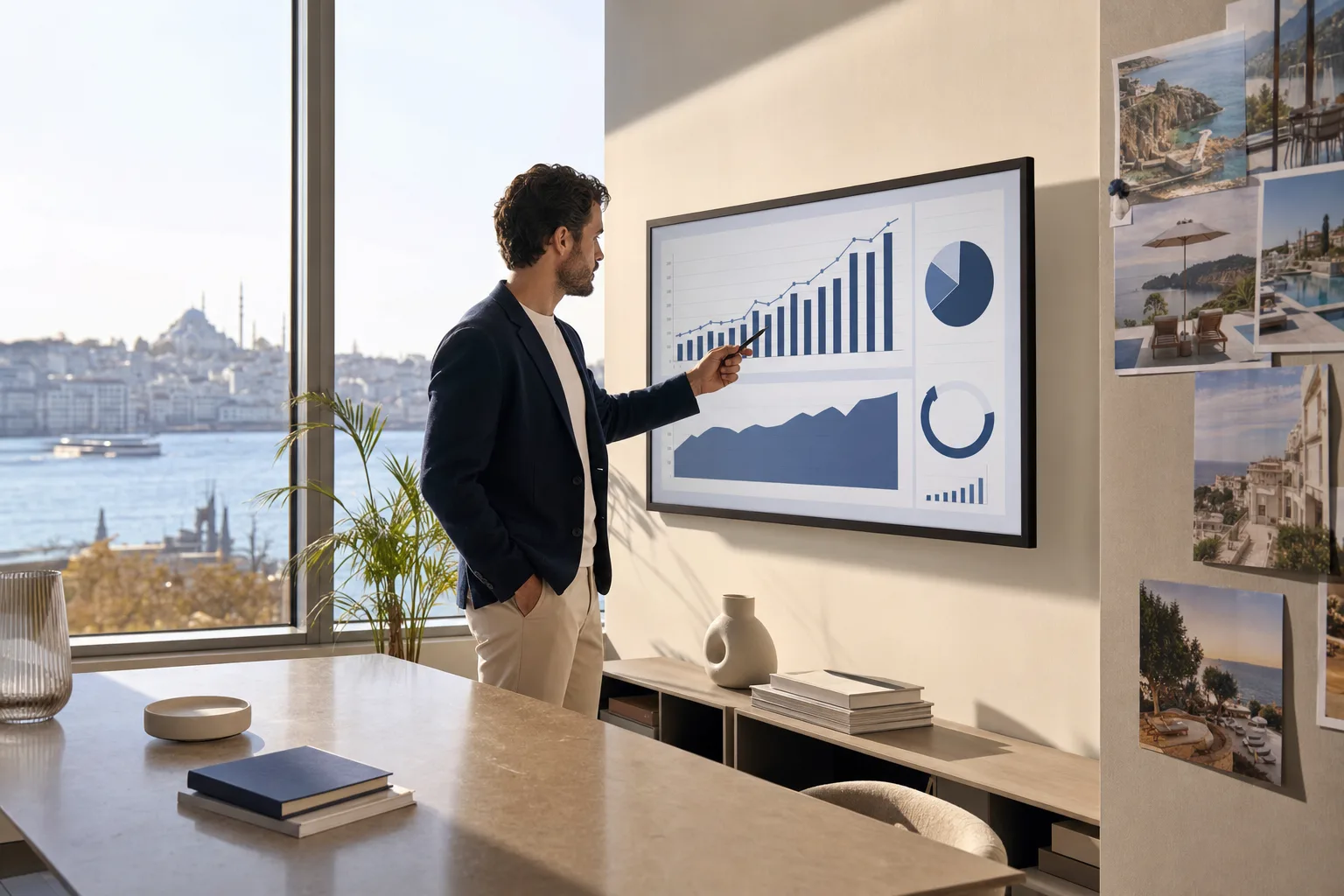 Marketing strategist reviewing hotel campaign analytics in an Istanbul office