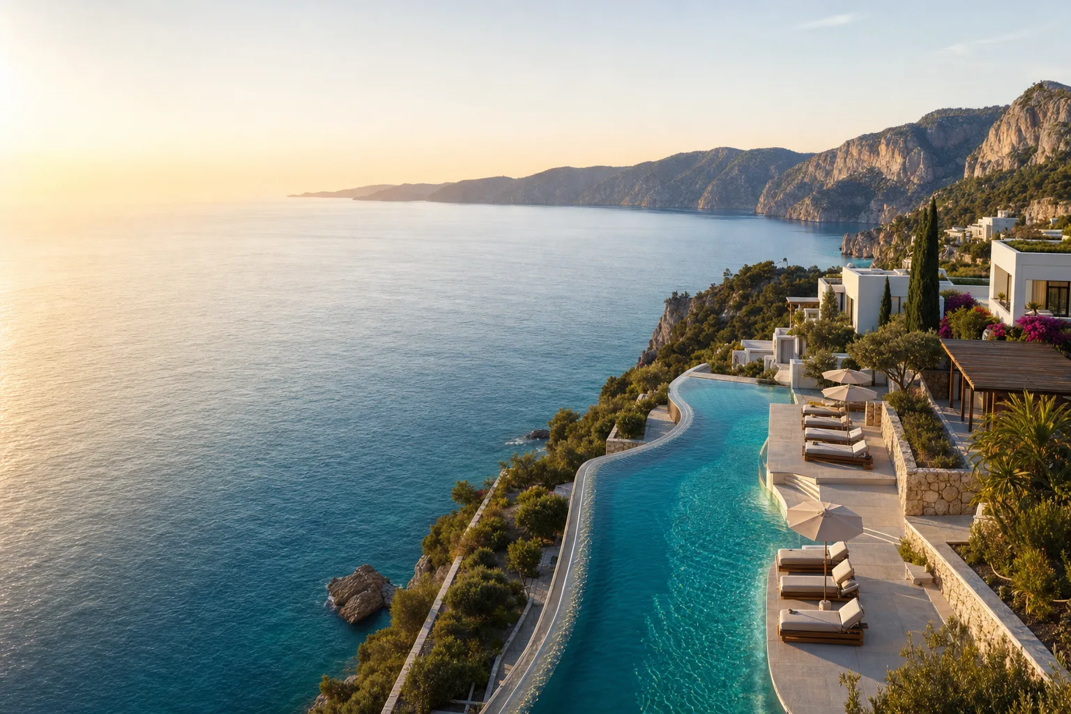Luxury resort pool overlooking the turquoise Turkish Riviera coast
